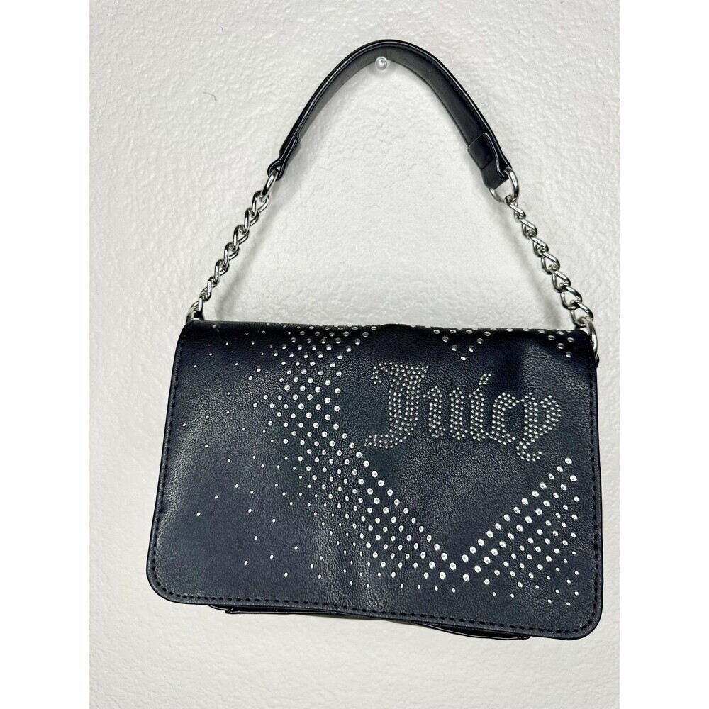 Juicy Couture Shoulder Bag Womens Small Black Faux Leather Studded Chain Strap